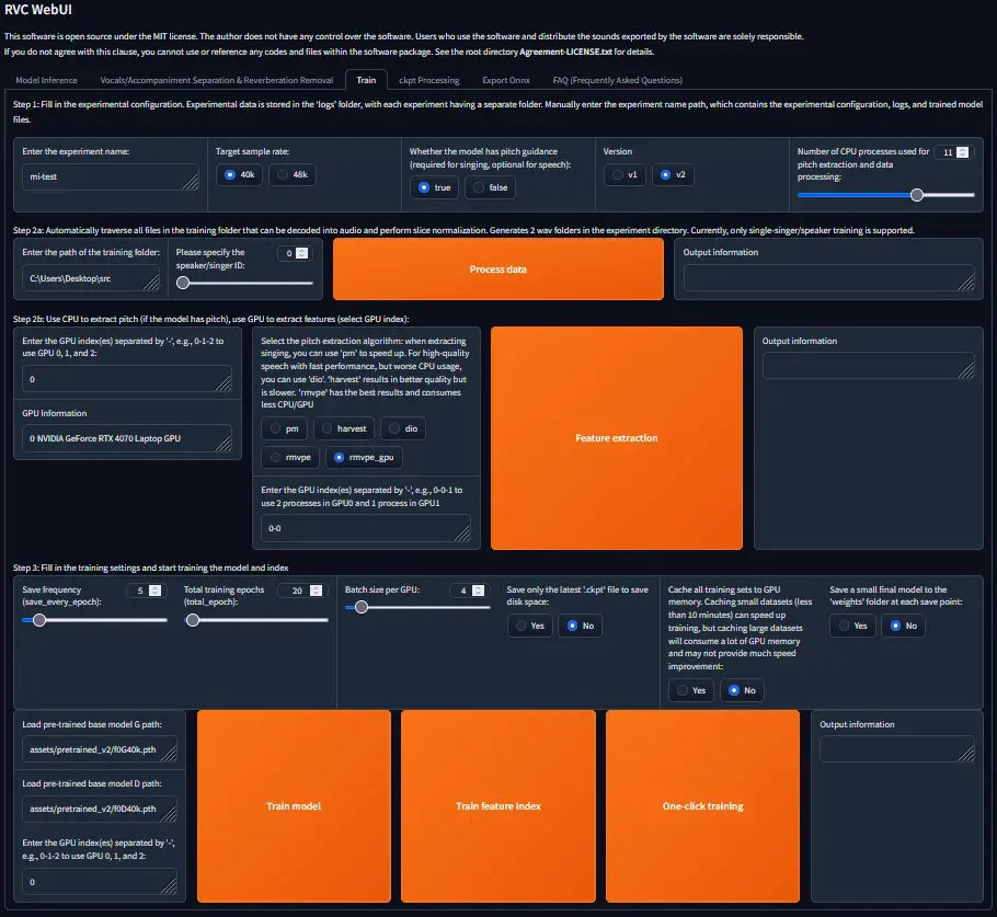 RVC model training interface